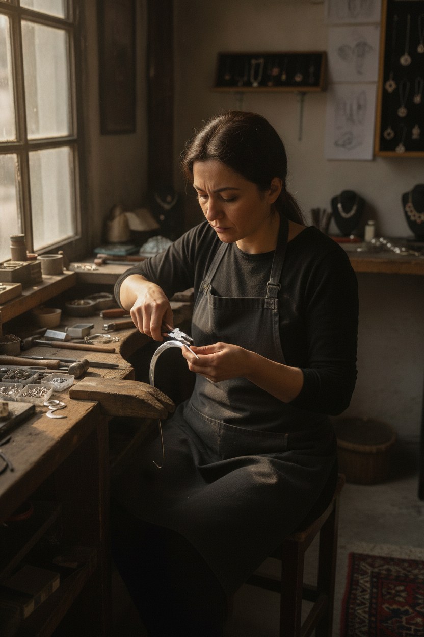 Elif Şahin — Damla Gümüş Atölyesi kurucusu, tezgahında gümüş işlerken